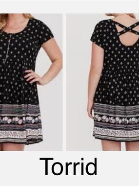 TORRID Black Floral Border Short Sleeve Mini Dress with Crisscross Back